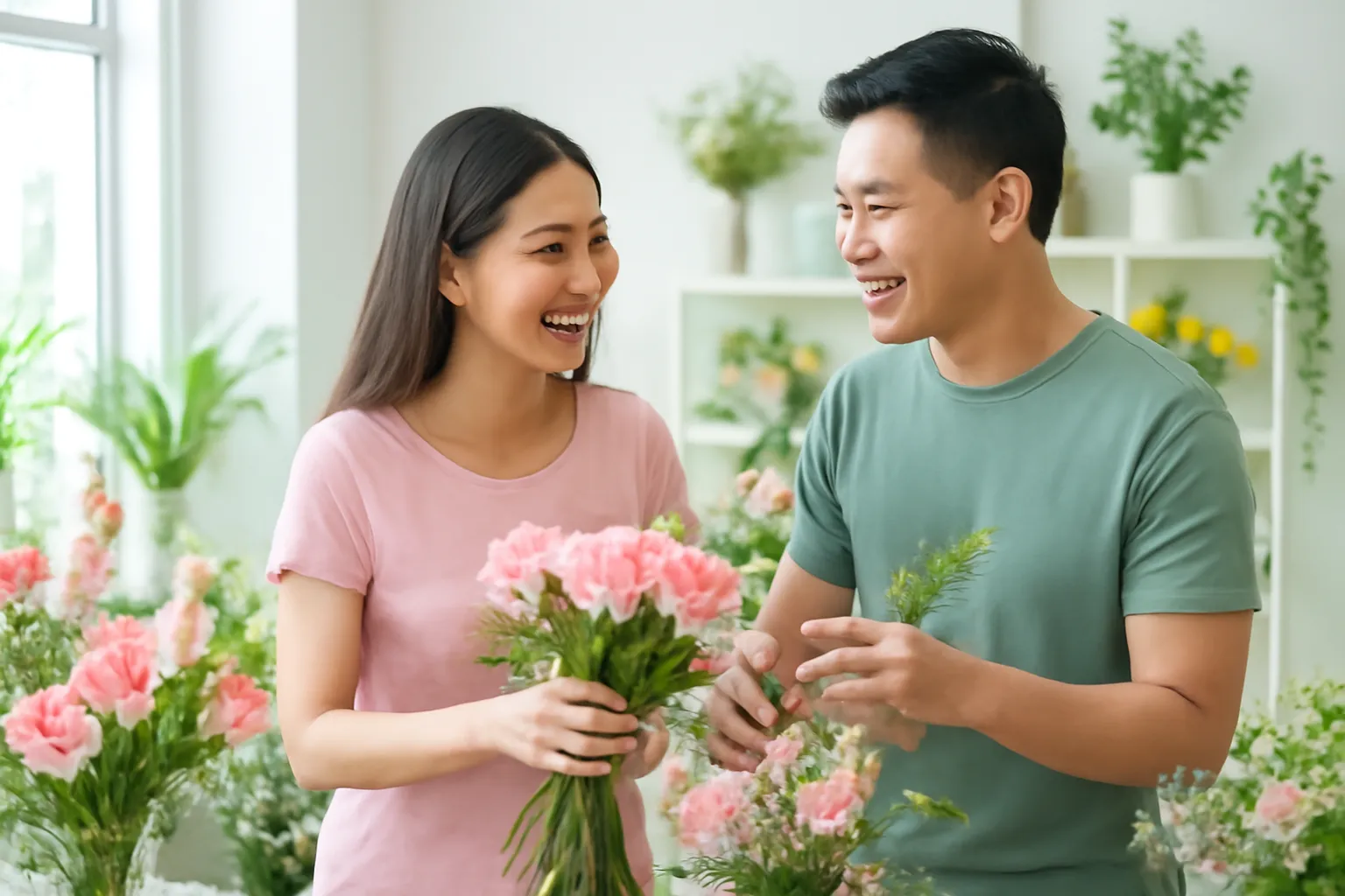 Vợ chồng trẻ cùng sắp hoa trong tiệm hoa sáng sủa, trao đổi vui vẻ
