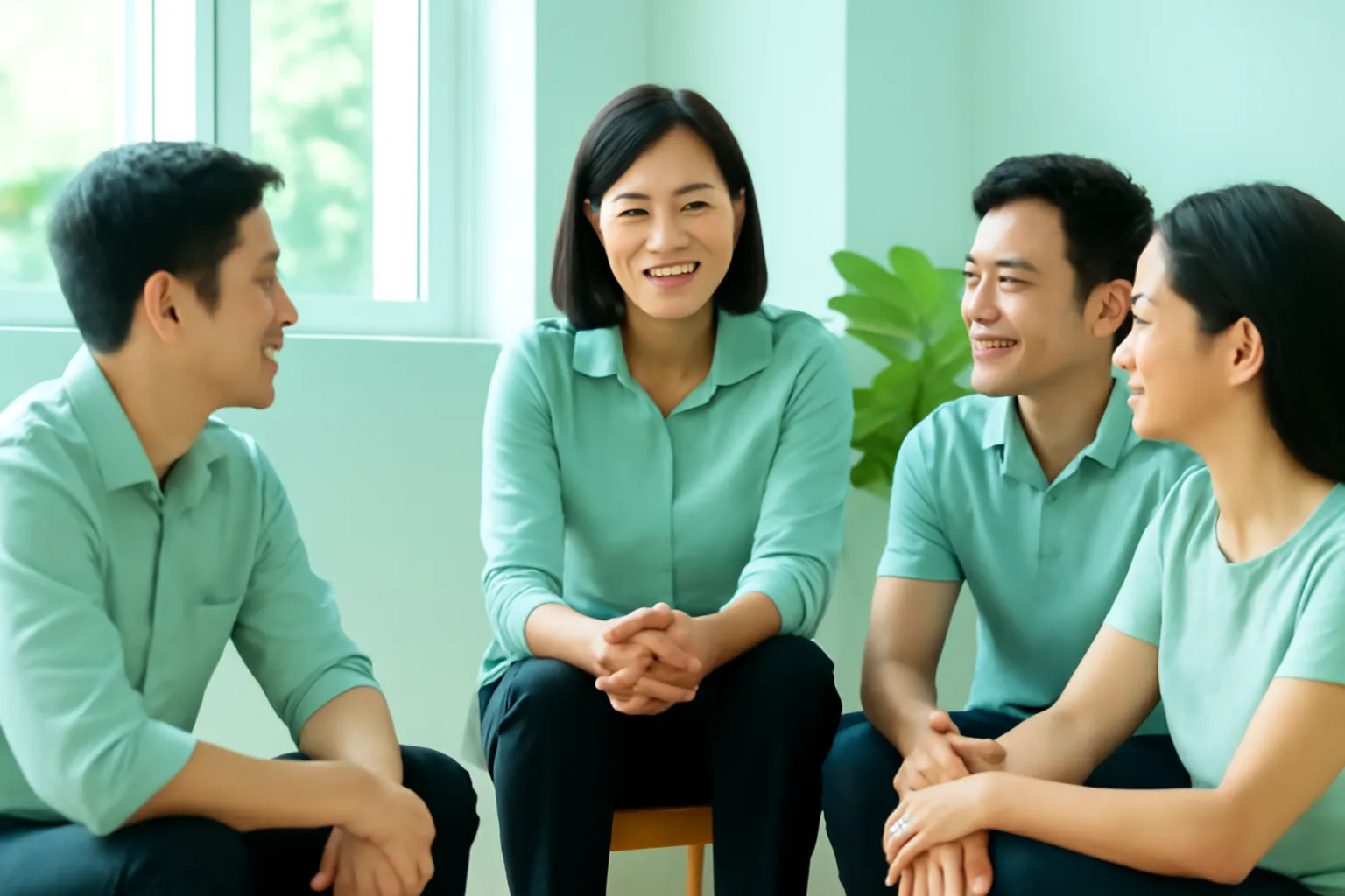 Chị quản lý ngồi ghế thấp lắng nghe ba nhân viên trong phòng sáng thoải mái