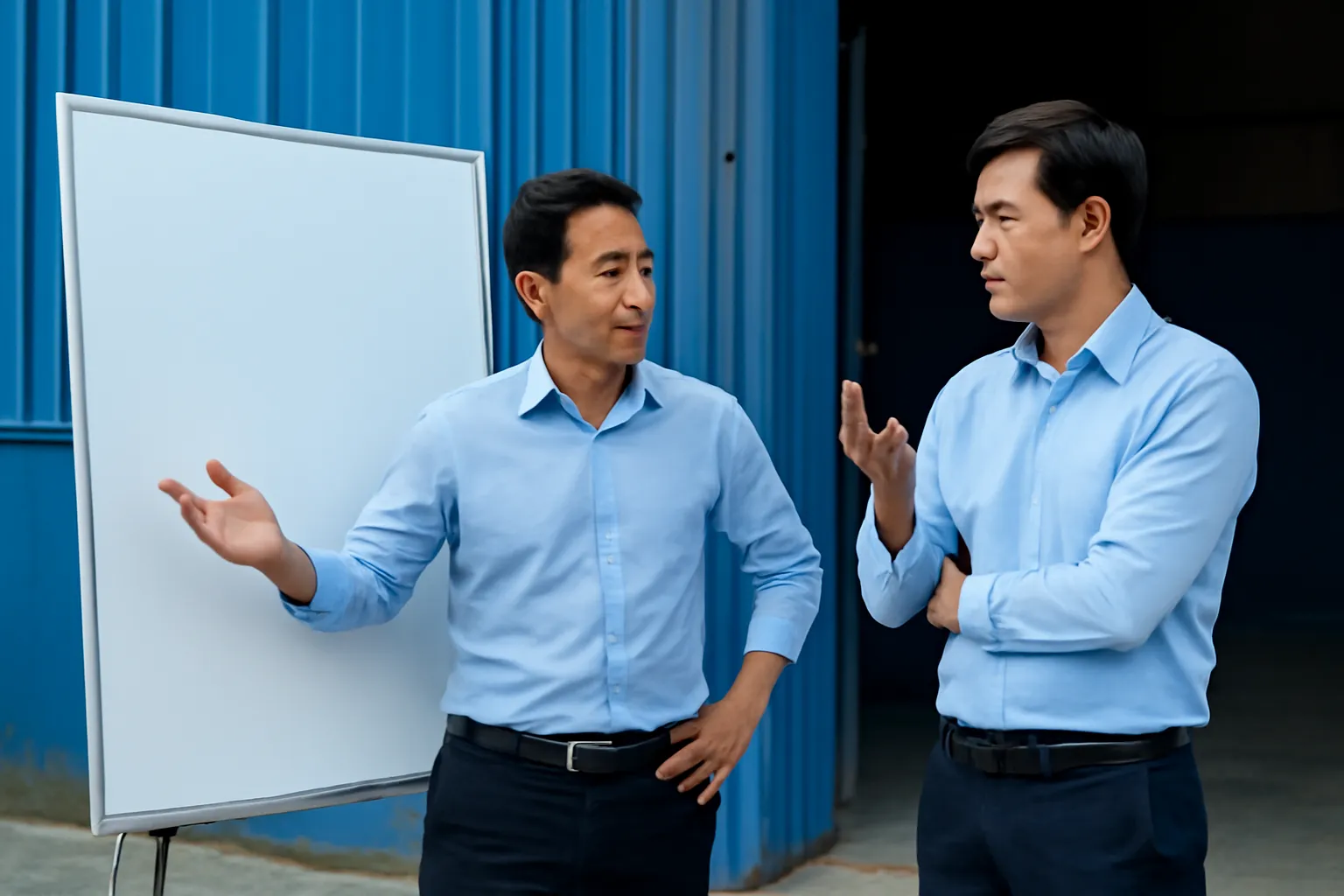 Hai trưởng nhóm đứng trước bảng trống cạnh cửa kho, trao đổi căng thẳng